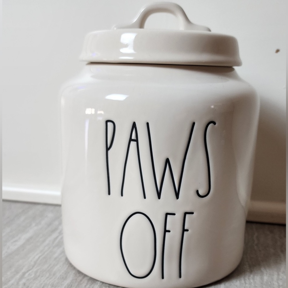 Rae Dunn Ceramic PAWS OFF Dog Pet Treat Canister Cookie Jar Storage Container